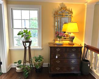 Chest of Drawers by Baker, Tobacco Leaf Decorated Table Lamp by Marlboro Lighting, Gilt Framed Mirror, Plant Stand with Brass Gallery, House Plants and Planters...