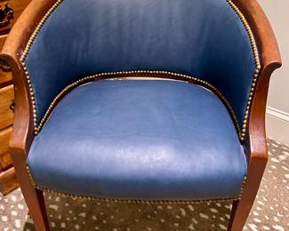 Blue Leather Barrell Back Chair with Nailhead Trim