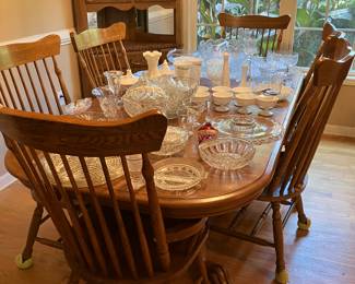 Oak dining table &. Set of 6 Windsor chairs, cut crystal, punch bowl sets, Signed “ Hawkes” cut bowl, vintage milkglass