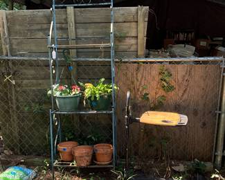 Garden items and bakers racks