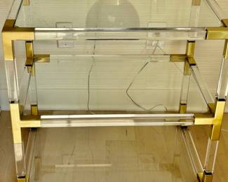 16. Pair of Jonathan Adler Acrylic 2 Tier Side Table/Nightstand w/ Brass Accents and Glass Shelves (28" x 20" x 26")