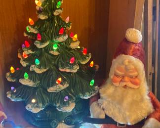 Vintage Light Up Ceramic Christmas Tree, 24” Vintage Stuffed Santa