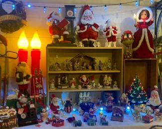 Vintage Christmas: Harold Gale Santa, Stuffed Santa Dolls, Light Up Ceramic Christmas Tree, Nativity, Blow Mold Candles, Music Boxes, Wooden Ornaments and So Much More