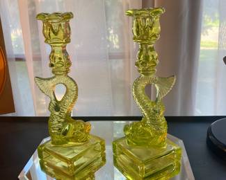 Uranium Glass Koi Fish Candle Holders