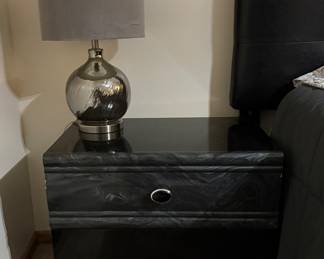 Set of Black Night Stands and Silver Lamps
