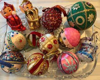 Vintage Pixie Knee Hugger Elf set, Made in Japan- & Handmade Beaded Ornaments