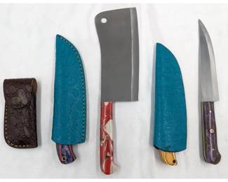 5Pc Hand Made Damascus Steel Knives And Sheathes