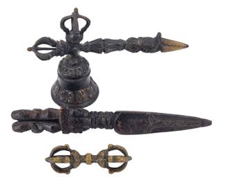 Old Asian Tibetan Bronze Ceremonial Prayer Vajra Bell Plus 2 Vajra Wooden And Bronze (3 PCS)