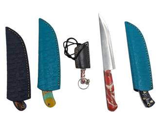 5Pc Hand Made Damascus Steel Knives And Sheathes