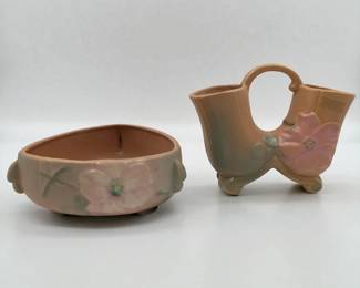 Pair Of Vintage Weller Pottery Pieces, Peach Wild Rose Double Vase And Triangular Bowl