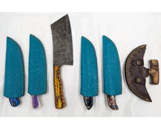 6Pc Hand Made Damascus Steel Knives And Sheathes