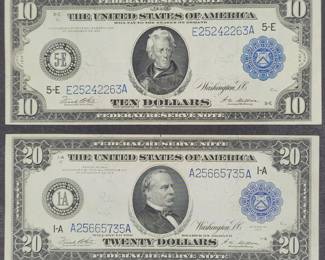 1914 Series $20 1-A And 1914 Series $10 5-E Federal Reserve Notes