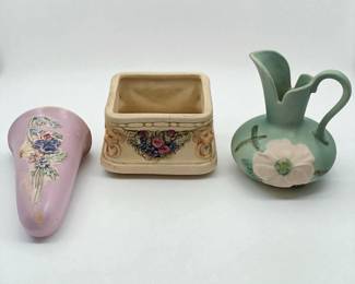 Lot Of 3 Vintage Weller Pottery Pieces, A Pitcher, Wall Pocket, And Square Planter
