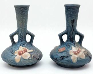 Pair Of Roseville Pottery "Magnolia" Bud Vases In Blue