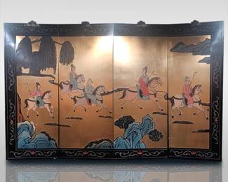 Set Of 4 Chinese Hand-Painted Brass Wood Panels