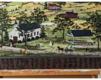 Signed And Dated American Artist Mary Ann Vessey Oil On Board Painting, "The Annual Church Picnic"