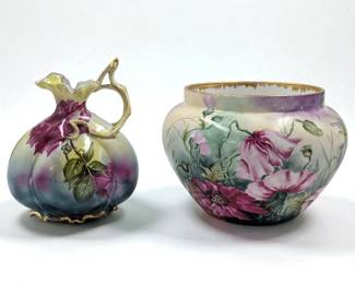 Vintage Limoges Peony Jardiniere And Japanese Nippon Floral Pitcher