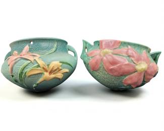 Lot Of 2 Vintage Roseville Pottery Hanging Planters Zephyr Lily And Clematis