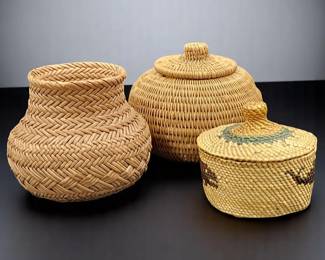 A Trio Of Indigenous Miniature Woven Baskets: Creek, Yup'ik Alaskan, & Nootka