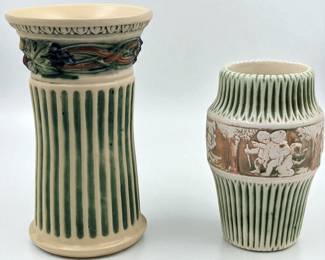 Pair Of Vintage Roseville Pottery Pieces, Corinthian Flared Vase And A Donatello Pattern Vase