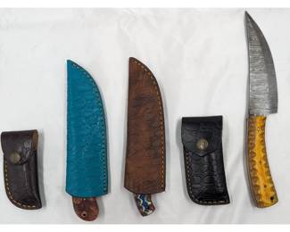 5Pc Hand Made Damascus Steel Knives And Sheathes