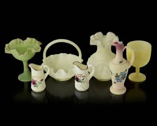 Grouping Of Assorted Art Pottery/Glass Vases FENTON & Others In Key Lime, 7 Pieces