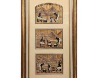 Vintage East African Banana Fiber Three-Piece Cottage Scene, Signed K. Newton, Likely Uganda