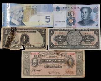 Lot Of Assorted Currency Including (3) Pesos, (1) Chinese Yuan, (1) Canadian Dollar