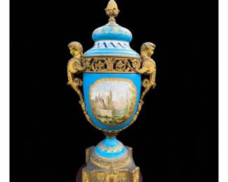 Antique 19th C Signed Sevres Covered Porcelain Urn Mounted On Bronze