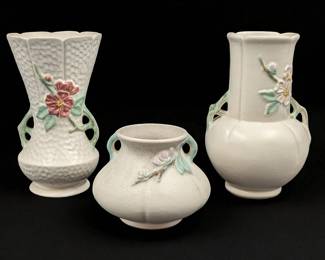 Lot Of 3 Vintage Weller Pottery Vases, Bouquet Line, Wild Rose, And Delsa