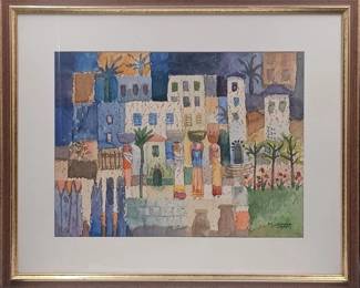 Artist Signed Geometric And Colorful Landscape Watercolor Painting