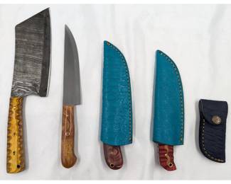 5Pc Hand Made Damascus Steel Knives And Sheathes
