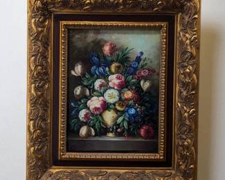 Signed Vintage Oil On Wood Still-Life Flower Painting With Beautiful Frame
