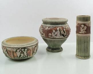 Lot Of 3 Vintage Roseville Donatello Pottery Pieces, Jardiniere, Vase, And Bowl