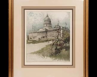 In The Style Of Josef Eidenberger (Austrian, 1899-1991) Signed Lithograph, Utah State Capitol