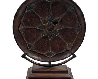 Vintage Copper And Stained Glass Mounted Decorative Charger, In The Style Of Gustav Stickley