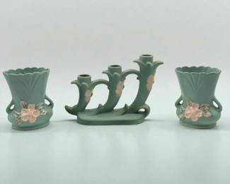 Lot Of 3 Vintage Weller Pottery Pieces, A Pair Of Turquoise Wild Rose Vases And Triple Candle Holder