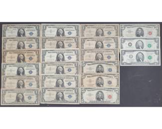 Collection Of 21, 1935, 1953, 1957, 1963, 2003, 2009 Series $1, $2, $5 Silver Certificates And Notes