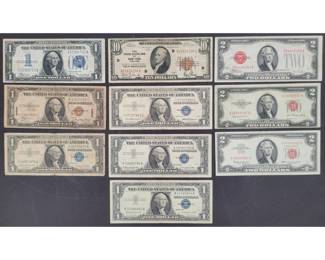 Collection Of 10, 1928 To 1963 Series $1, $2, $10 Silver Certificates And Notes