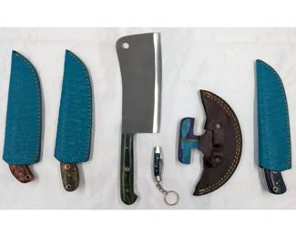 6Pc Hand Made Damascus Steel Knives And Sheathes
