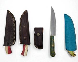 5Pc Hand Made Damascus Steel Knives And Sheathes