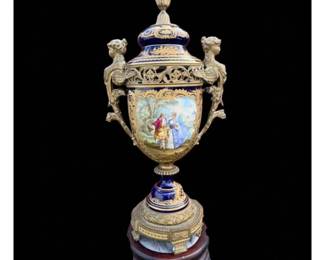 Antique 19th C Signed Sevres Covered Porcelain Urn Mounted On Bronze