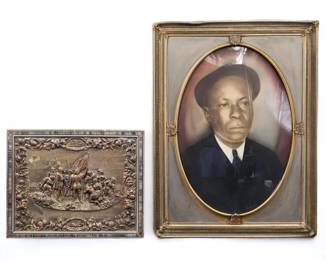 A Pair Of Antique Artworks: Hammered Copper Spanish Conquistadors & Portrait Drawing