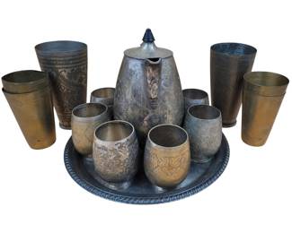 Middle Eastern Hand Chased Brass Tea And Cup Set