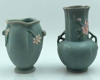 Pair Of Vintage Weller Turquoise Pottery Vases, Wild Rose Double Handled And Floral Vase