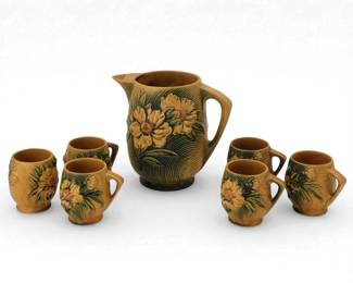 Roseville Pottery Cider Set "Peony" Pitcher & Cups, 7 Pieces