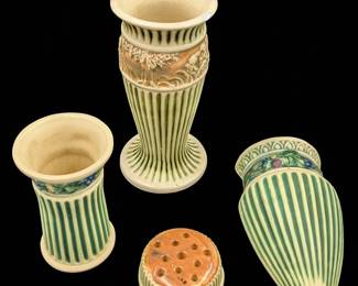 Lot Of 4 Vintage Roseville Pottery Pieces, Two Vases, A Wall Pocket, And A Flower Frog