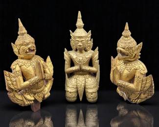 Trio Of Hand Carved Wooden Sculptures, A Buddhist & Garuda Pair