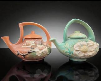 Lot Of 2 Roseville Pottery Teapots Magnolia And Peony