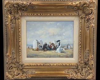 Vintage Oil On Wood Impressionist Beach Scene Painting